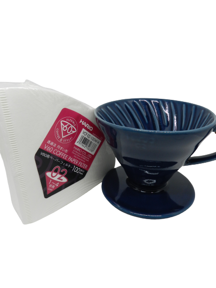 Porte filtre Hario V60 - 4 tasses - porcelaine bleue + 100 filtres