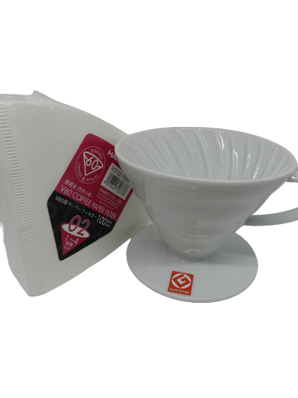 Porte filtre Hario V60 - 4 tasses - porcelaine blanche + 100 filtres