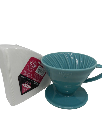 Porte filtre Hario V60 - 4 tasses - porcelaine turquoise + 100 filtres