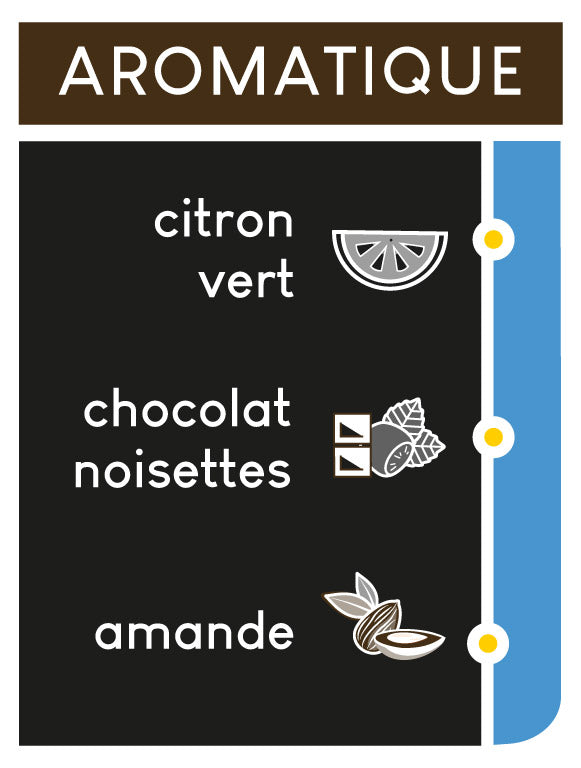 Notes aromatiques : citron vert, chocolat, noisettes, amande.