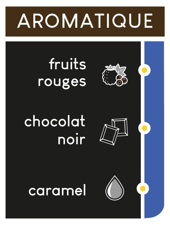 Notes aromatiques : fruits rouges, chocolat noir et caramel