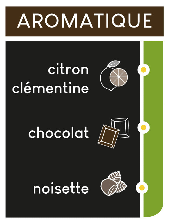 Notes aromatiques : citron, clémentine, chocolat et noisette.